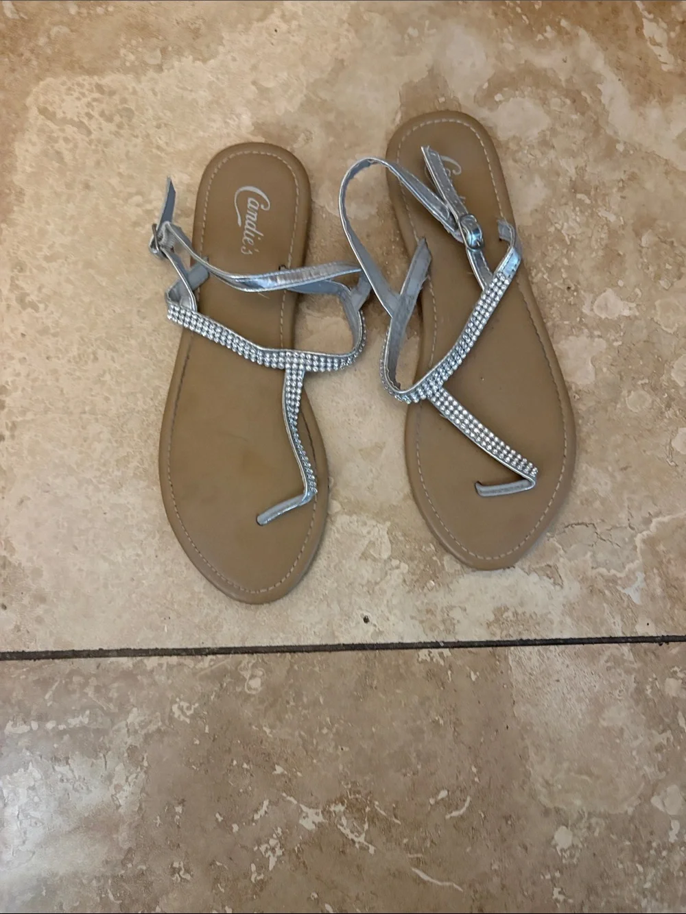 Candie's Silver Rhinestone Strappy Flat Sandals